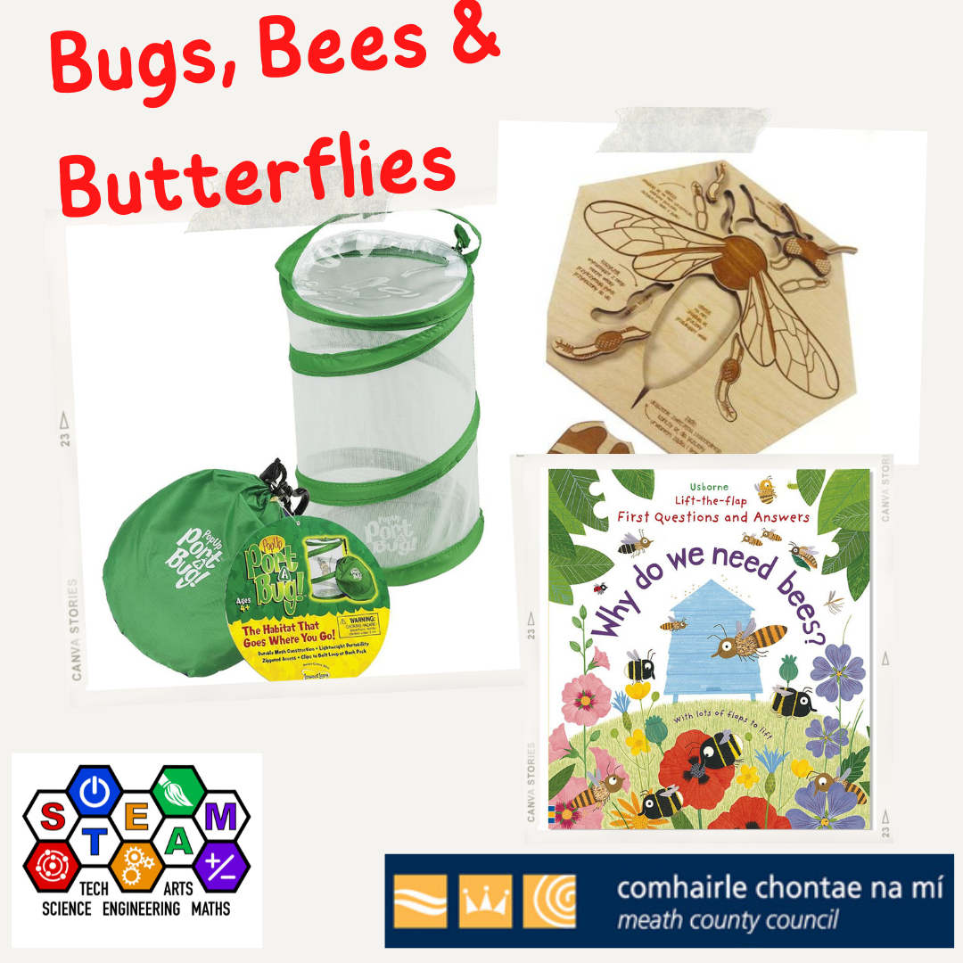 STEAM Backpack Bugs Bees and Butterflies contents images of a pop up port a bug container, a butterfly jigsaw and the cover of a book called Why Do We Need Bees?