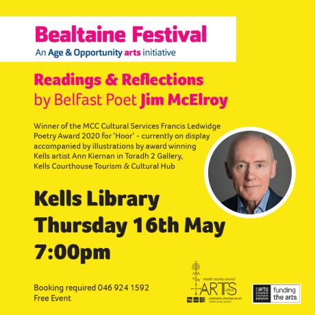 Poster for poetry reading with yellow background, pink headings and black text.