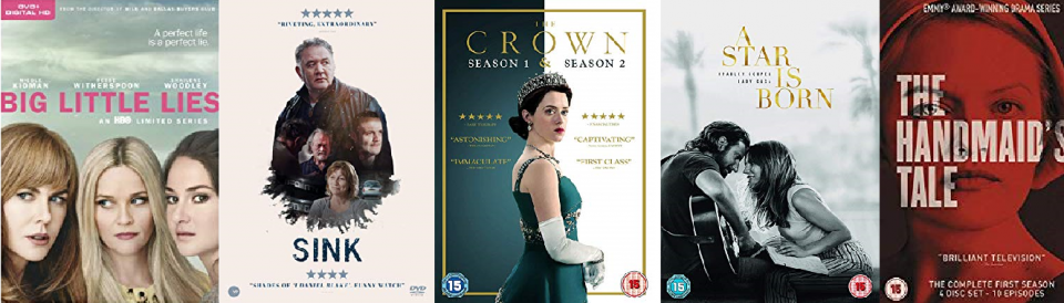 Covers of DVDs: The Handmaid's Tale, Big Little Lies, Sink, A Star is Born, The Crown