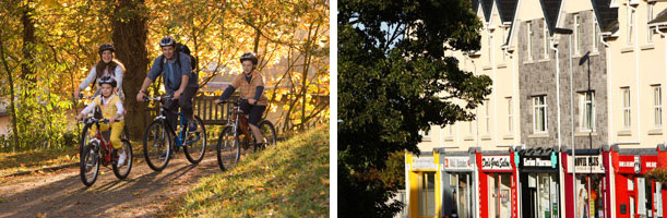 Stamullen heritage trail. Photo of people cycling and a street scape