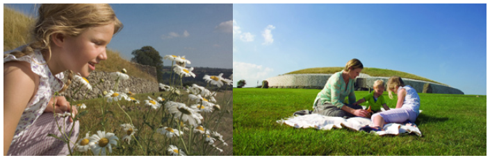 Photographs of a family with young children at Newgrange