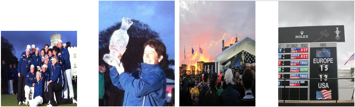 Solheim moments - the winning team, european captain Alison Nicholas with the cup, a beautiful sky and the score board