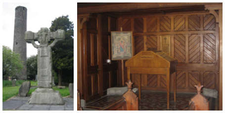 High cross and tower outside of and wooden interior of St Columbas Church kells