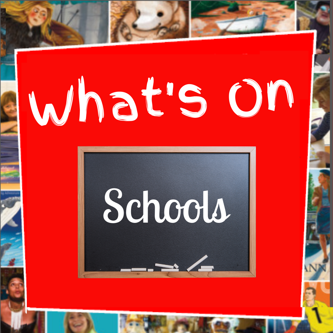 Image with red background with a blackboard with the word schools on it