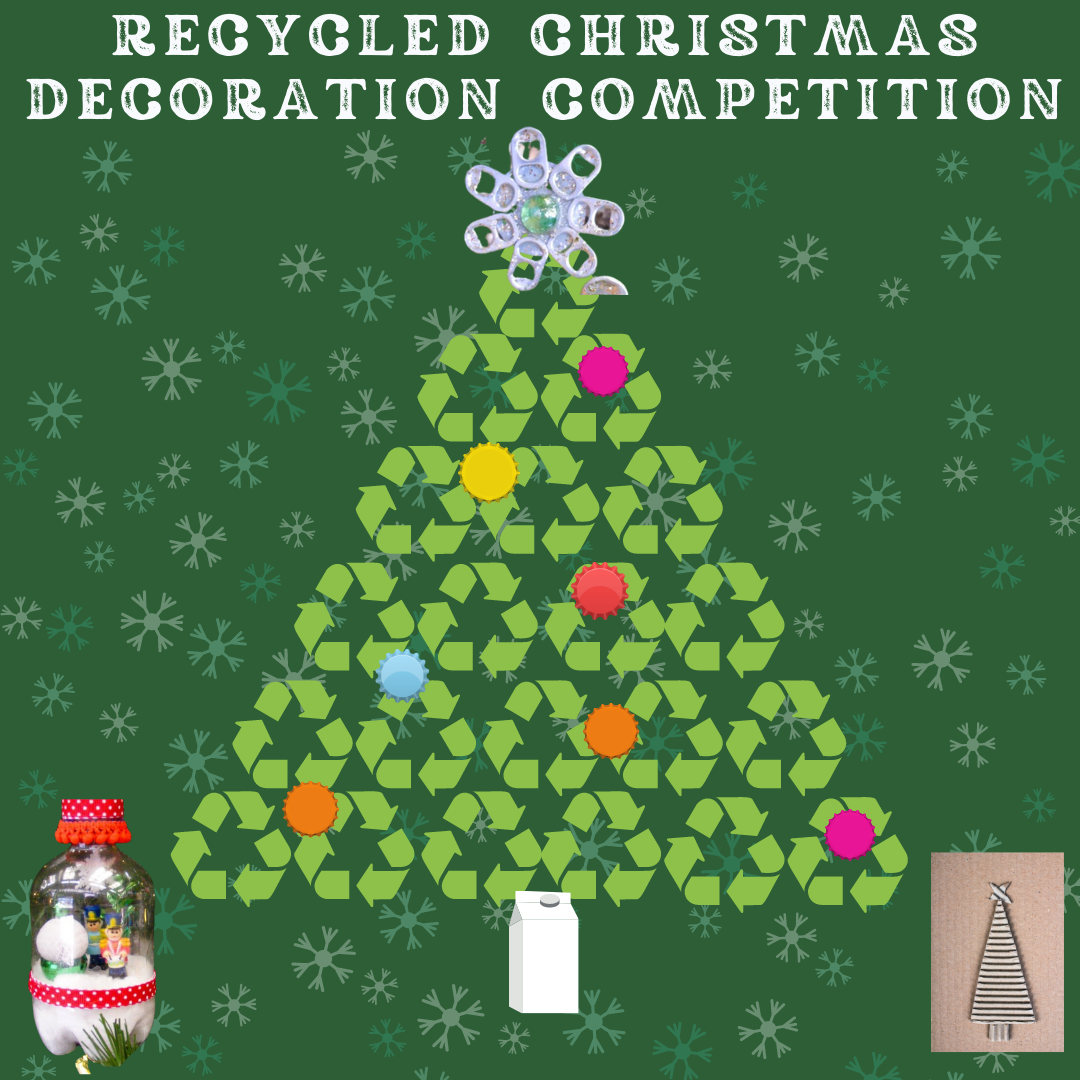 Recycled Christmas Decoration Competition Christmas Tree made of green recycling icon on a dark green background with a star made from ring pulls from old cans
