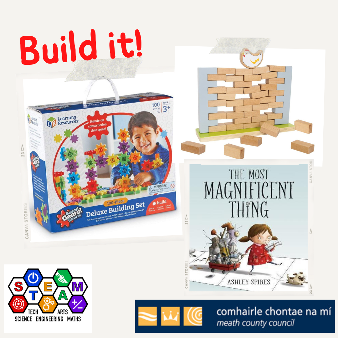 STEAM Backpack Build It assorted contents picture of a book cover called The Most Magnificent Thing, a Deluxe Building Set Box with an image of different coloured gears and a happy boy on the front, and an image of a wooden block wall puzzle with a wooden bird on the top
