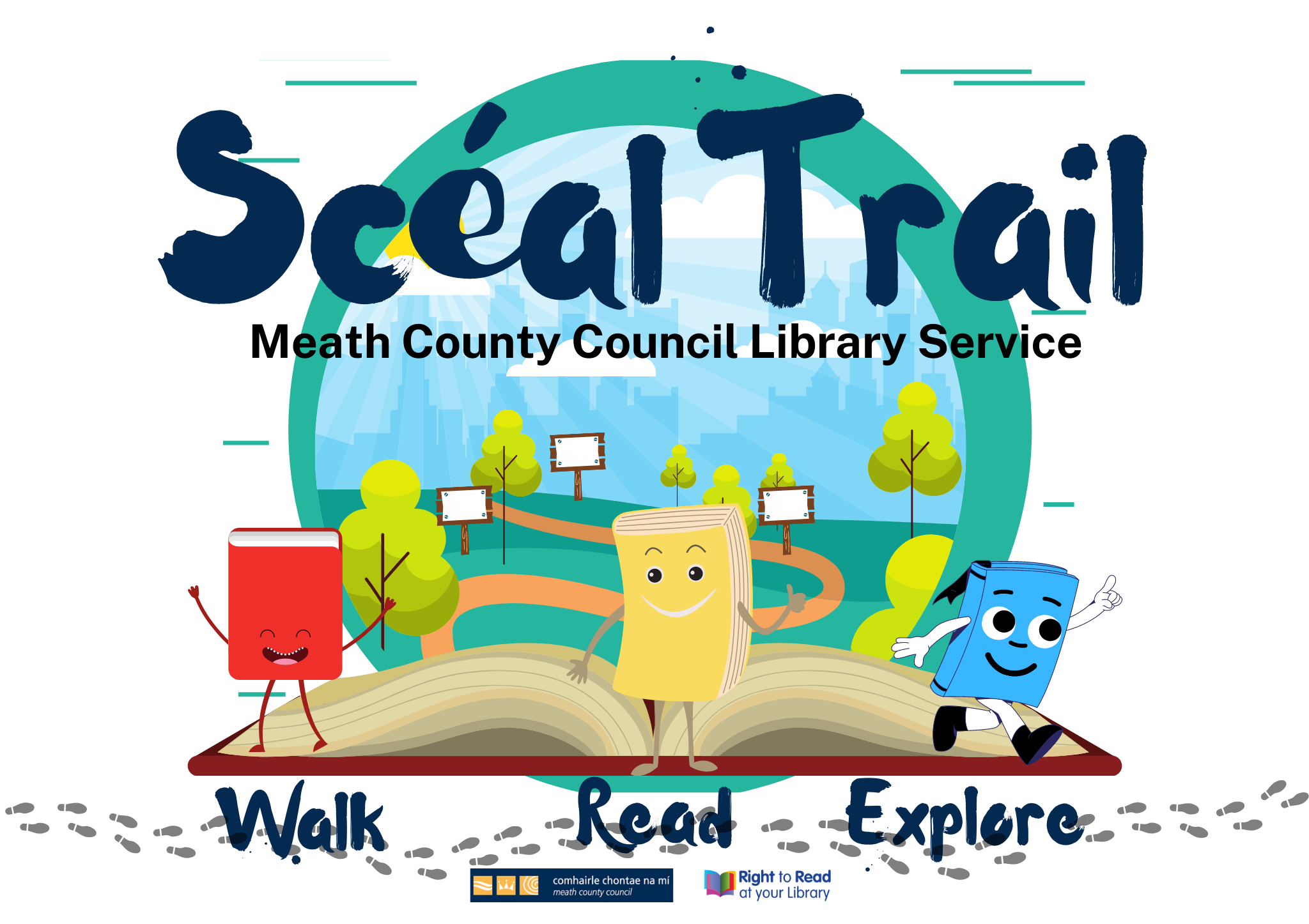 Scéal Trail Intro Board with open book and book characters with a park in the background