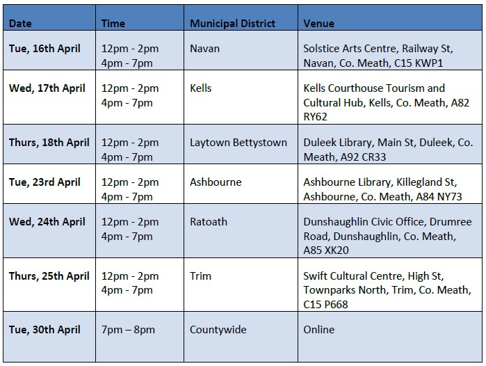 Meath Biodiversity Action Plan 2025 - 2030 Consultation - In-person walk-in events or online events timetable. Contact biodiversity@meathcoco.ie for further info.