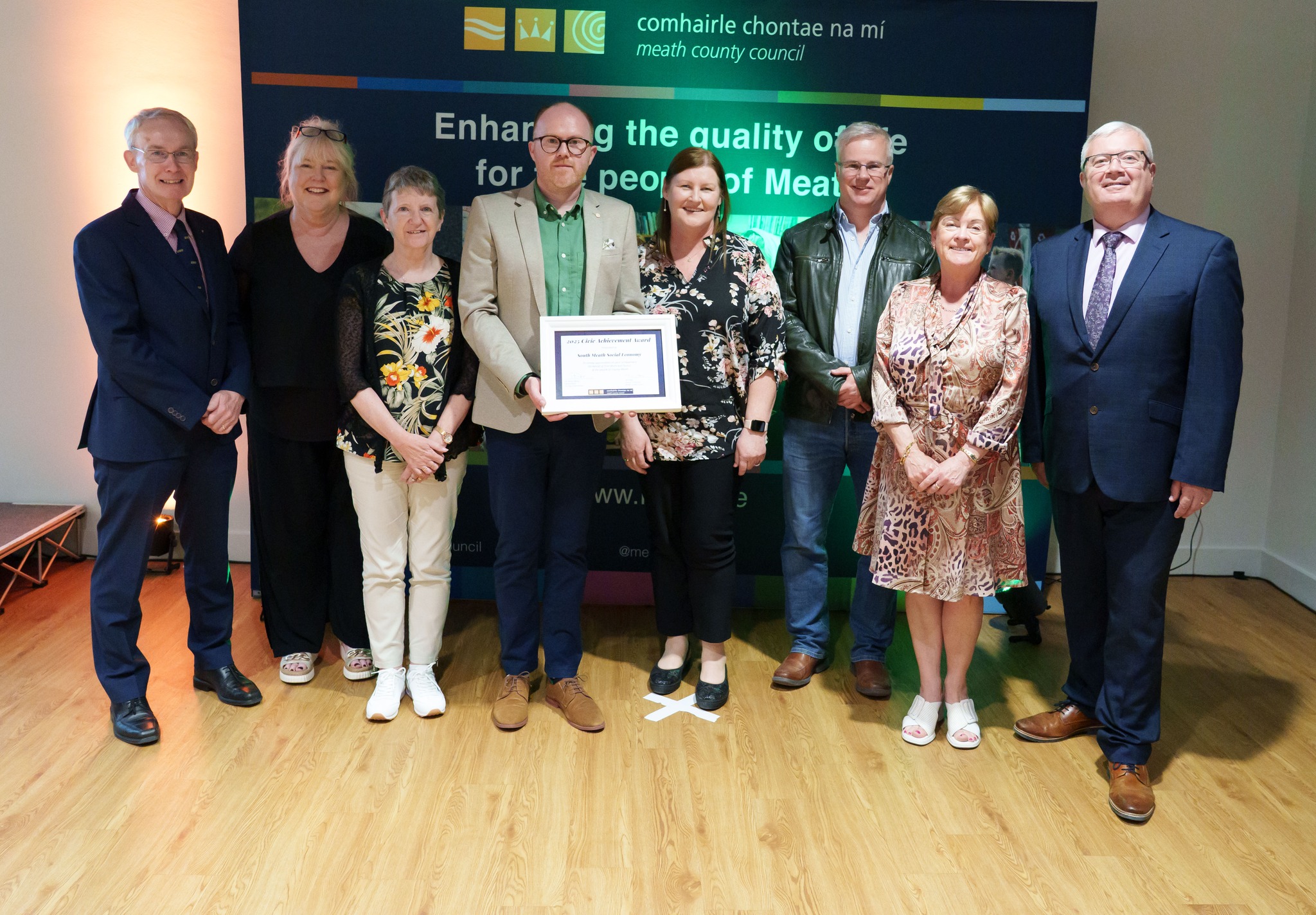 Representatives from the South Meath Social Economy receiving their award from Cllr Paul O'Rourke with Director of Services at Meath County Council Des Foley and Chief Executive of Meath County Council Kieran Kehoe.