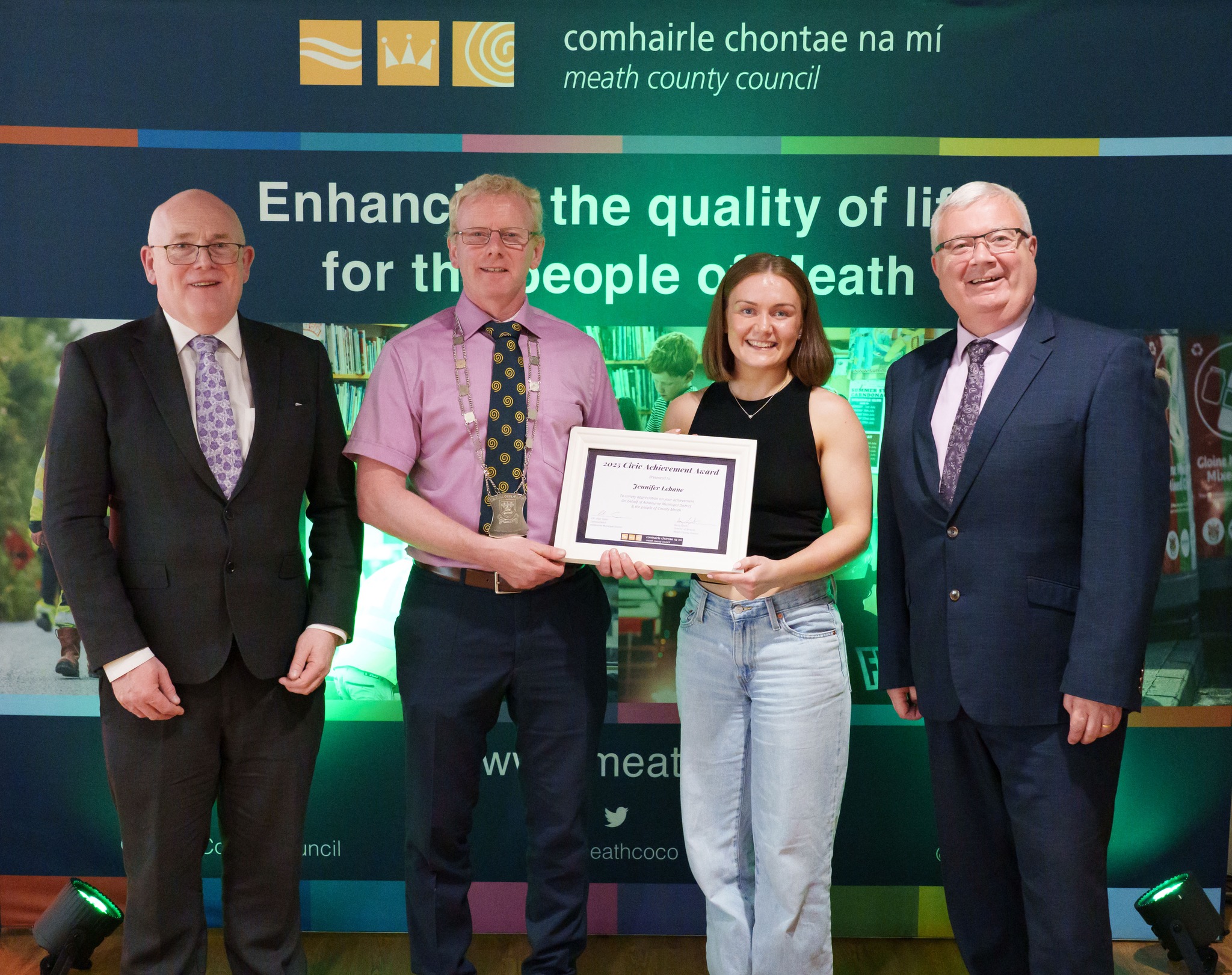  Jennifer Lehane (Olympian) receiving her award from Cathaoirleach of the Ashbourne MD Cllr Alan Tobin, with Director of Services at Meath County Council Barry Lynch (left) and Chief Executive of Meath County Council Kieran Kehoe.   