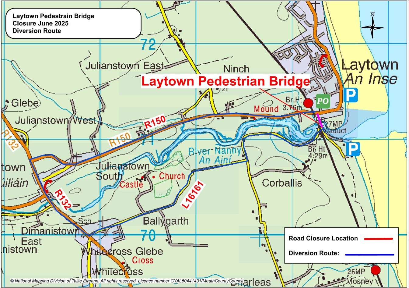 Laytown Pedestrian Bridge Closure Diversion Route June 2025