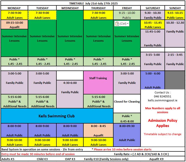 Kells Swimming Pool Timetable