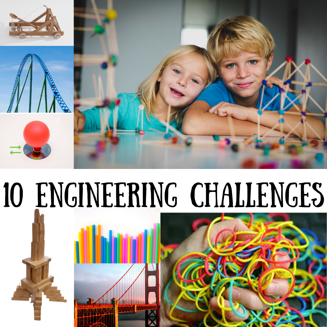 10 Engineering Challenges image collage with a boy and girl building towers from marshmallows and toothpicks, a rollercoaster, a bridge, elastic bands, colourful drinking straws, a wooden catapult and an Eiffel tower made from Jenga blocks
