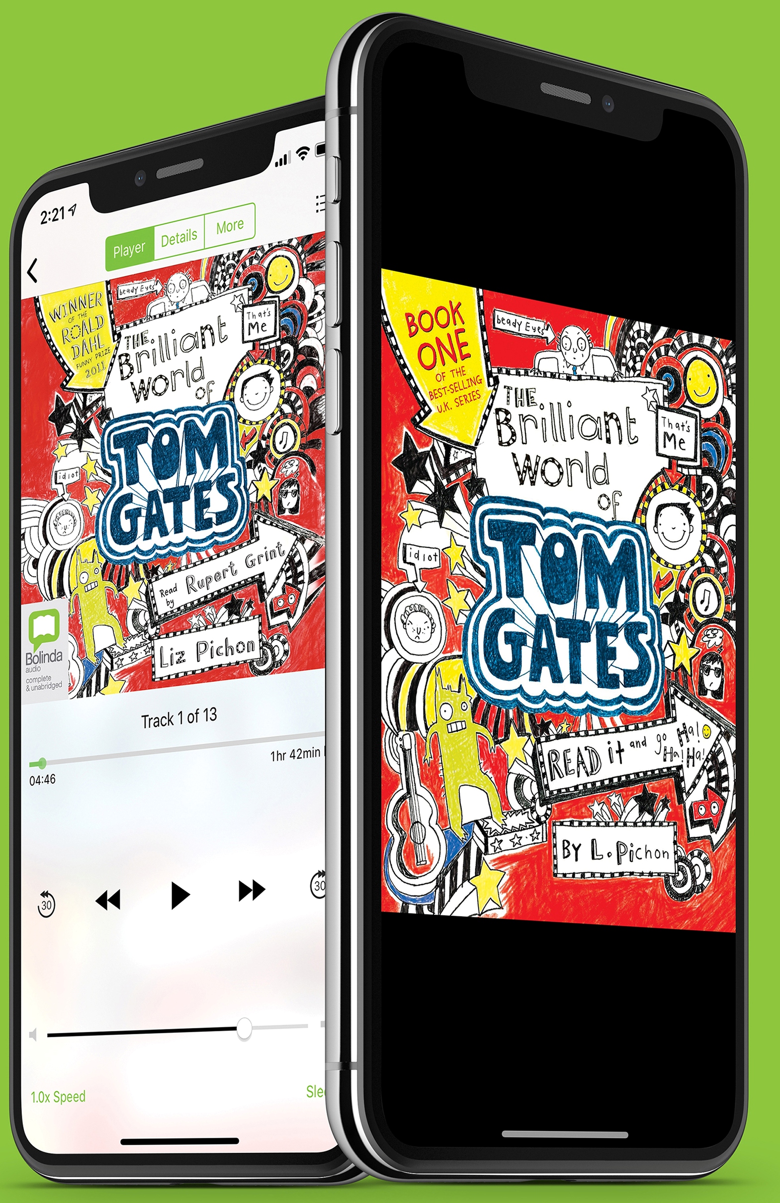 Brilliant World of Tom Gates eAudiobook Cover on A Phone