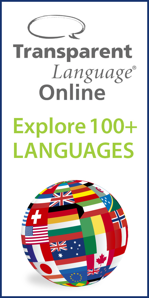 Learn 100+ languages with Transparent Language Online - banner with flags from lots of countries