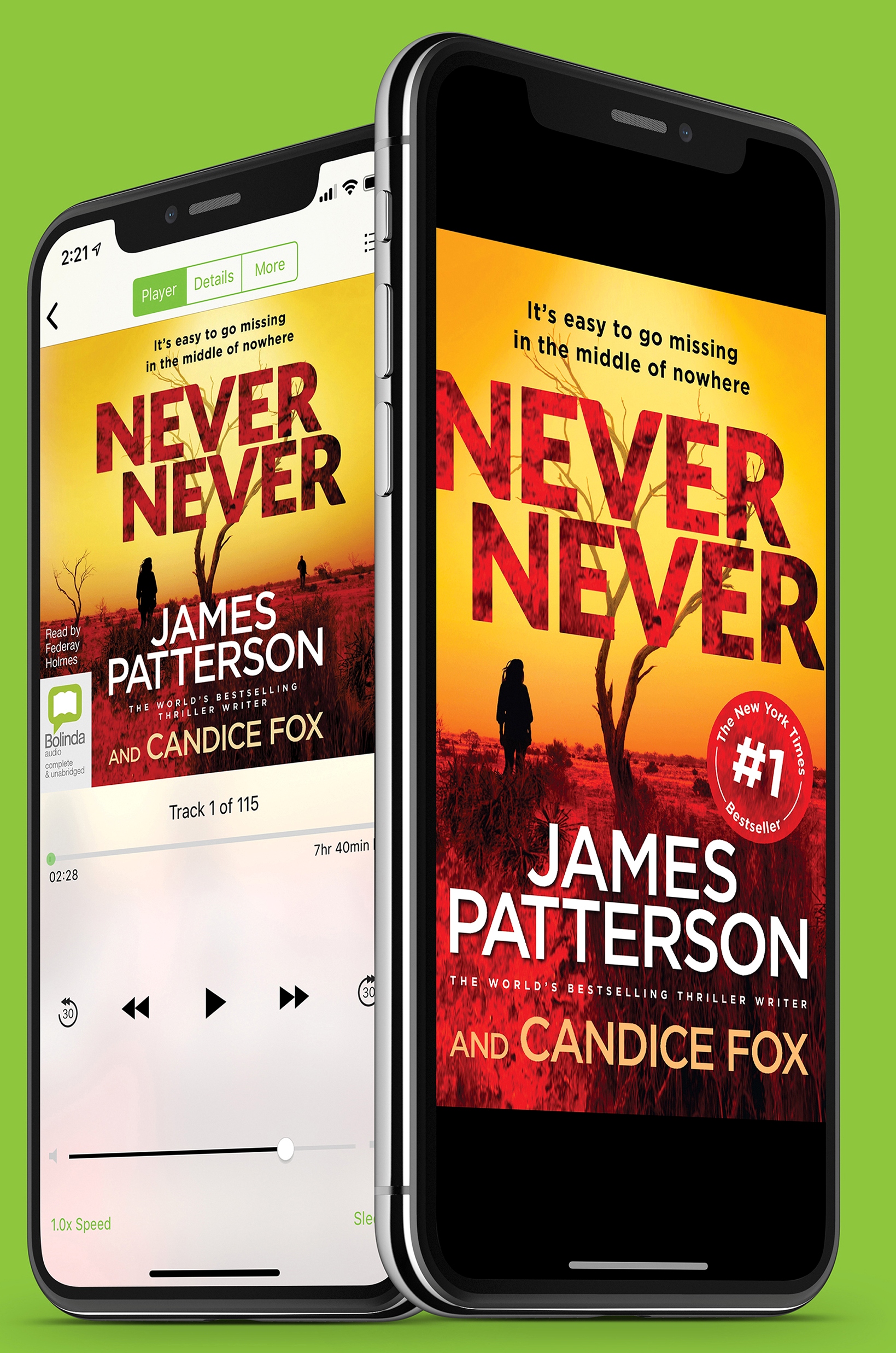 Never Never by James Patterson eAudiobook Cover on A Phone