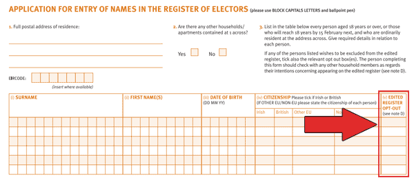Screenshot of the electoral register form indicating where to tick to opt out of the edited register