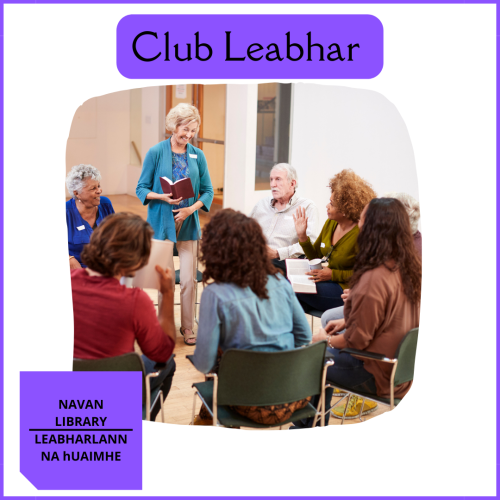 Club Leabhar Image of group of adults holding books and talking 