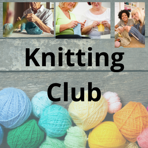 Image with men and women knitting and balls of different coloured wool with the text Knitting Club