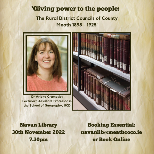 Giving Power to the People Rural District Council Talk by Arlene Crampsie Image of Arlene Crampsie beside image of old council minute books