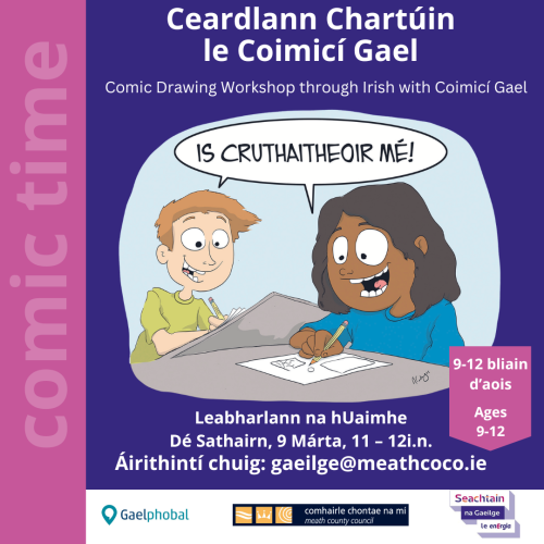 Ceardlann Chartúin Comic Workshop trí Gaeilge Seachtain na Gaeilge 2024