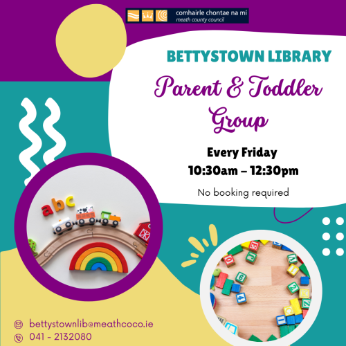 Colourful text with Bettystown library parent and toddler group