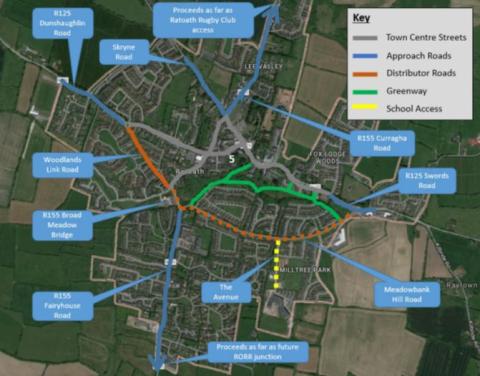 Map of Ratoath showing Town Centre Streets, Approach Roads, Distributor Roads, Greenway, and School Access