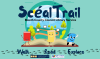 Scéal Trail Intro Board with open book and book characters with a park in the background