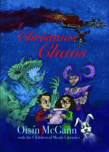 Cover of Book is a Picture of a Boy and Girl Holding a Letter with a Dragon, a Witch and a Rabbit in the Background And Santa Falling Out of a Burning Sleigh