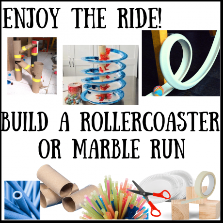 Rollercoaster or Marble Run Challenge : Image of marble run made from paper plates and straws with pictures of recycled materials you can use to make your own rollercoaster or marble run 