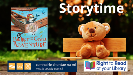 Storytime Picture of Teddy on a Bench with a Book Cover