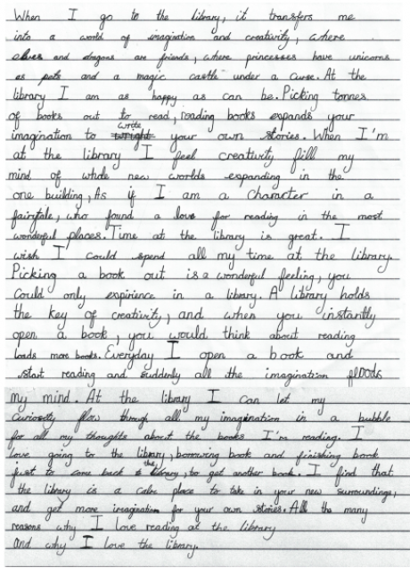 Script of Emily Cregan's Story "What the Library Means to Me" in her own writing