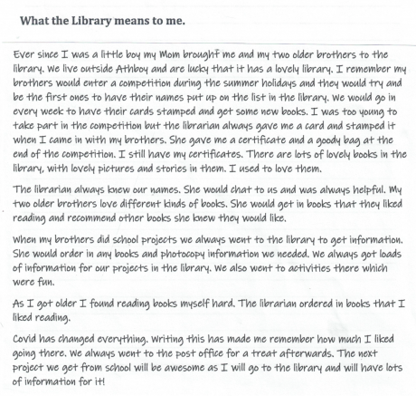 Text of What the Library Means to me Story by Sam Corkery