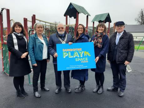 An Cathaoirleach pictured at the funding announcement with Meta and members of Dunboyne Playspace Forum
