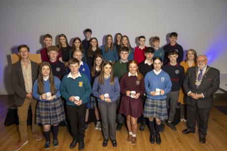 Cathaoirleach Cllr. Nick Killian and Creative Ireland Meath Writer- in-Residence Manchán Magan pictured with some of the Scholarship Winners. 